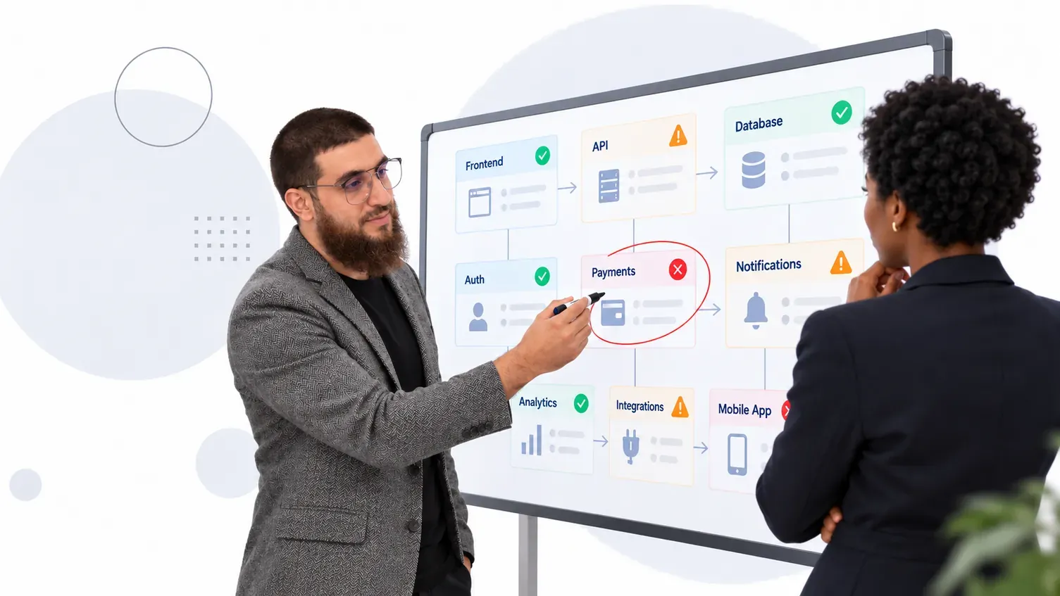 A developer annotating the structure of an app built with AI, with a founder