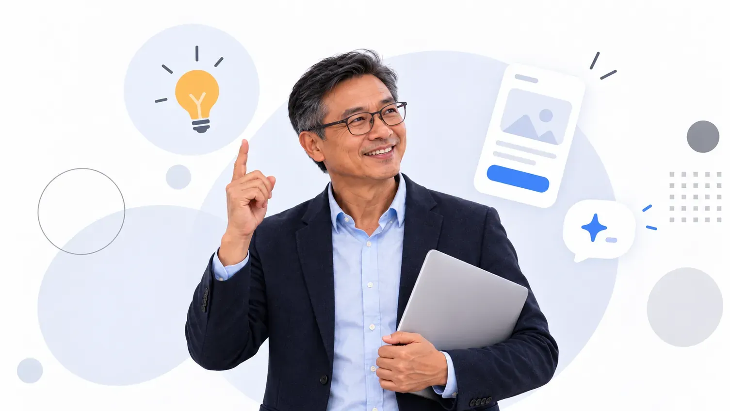 A smiling founder holding a laptop, with an idea, an app sketch and an AI icon around them