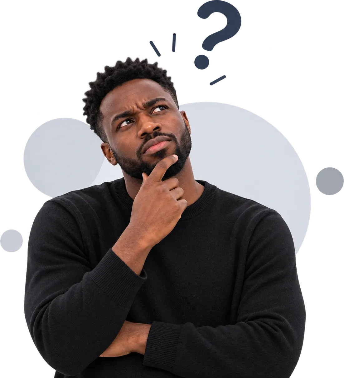 A founder thinking things over, a question mark above his head